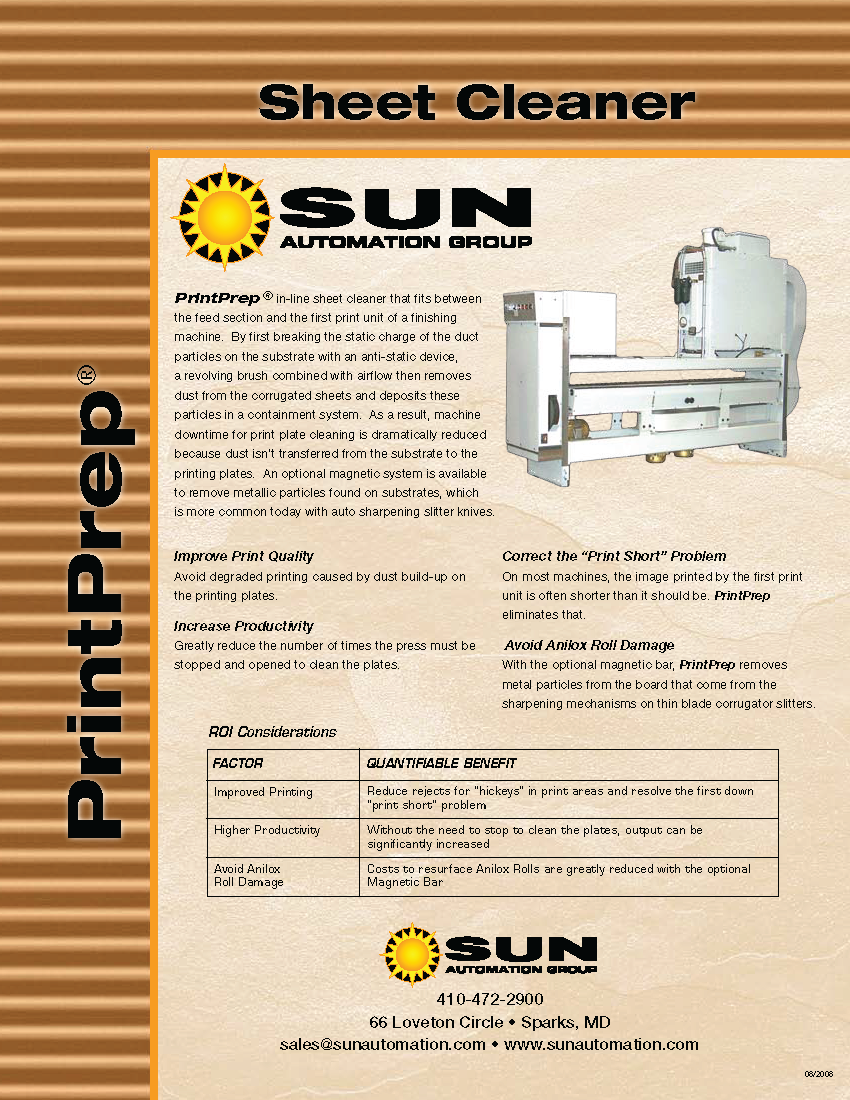 Conozca más del Limpiador de Hojas PrintPrep de Sun Automation en el folleto.